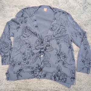 Chico's Sweater Womens 4 Blue Cardigan Linen Blend Button Up Floral XXL
